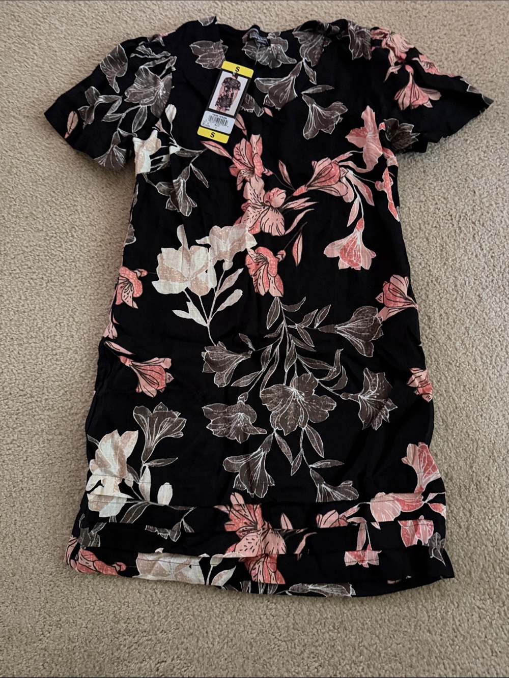 Nicole Miller Black Linen Dress with Cream Floral Print S